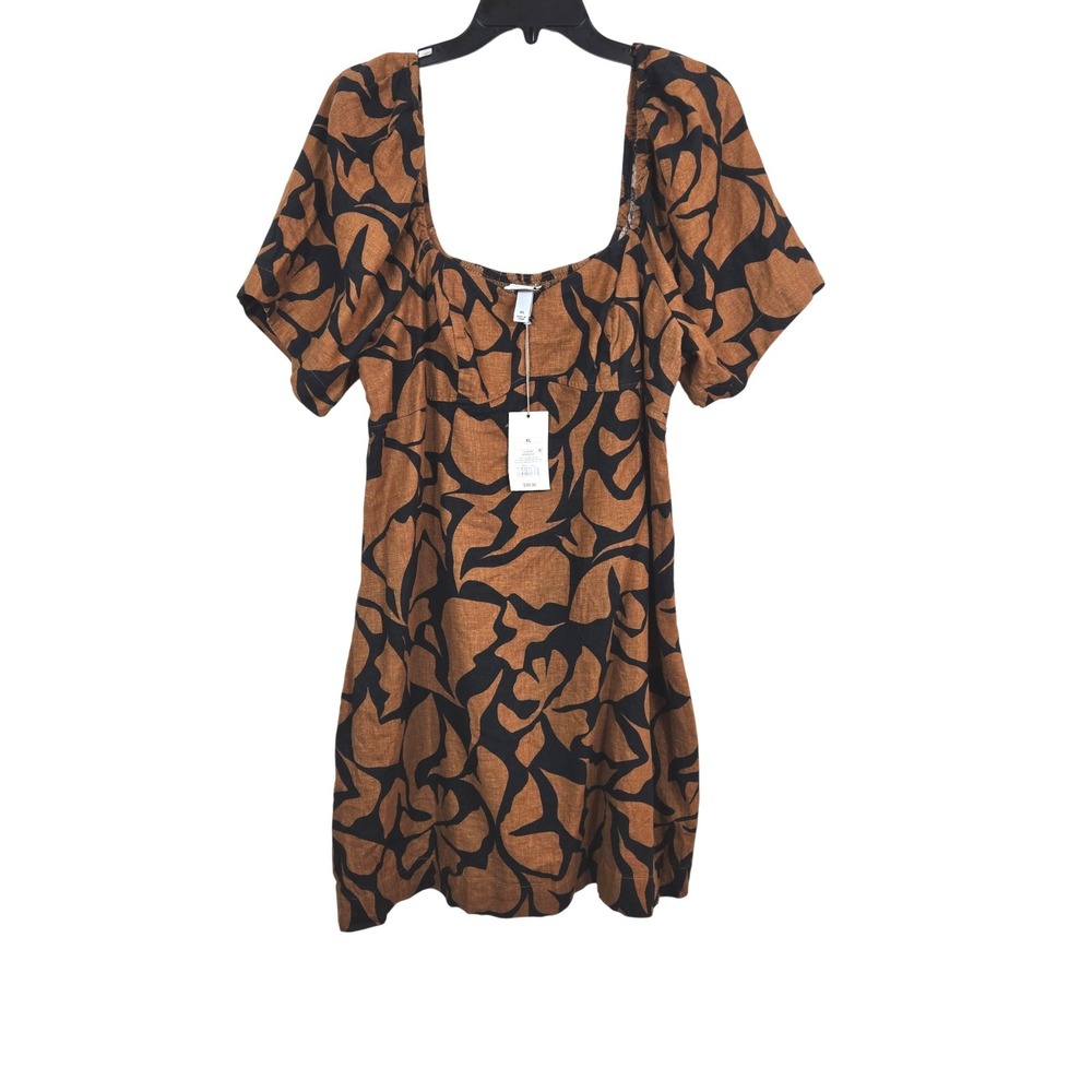 A New Day Womens Brown Abstract Floral Print Puff Sleeve Linen Mini Dress XL NEW